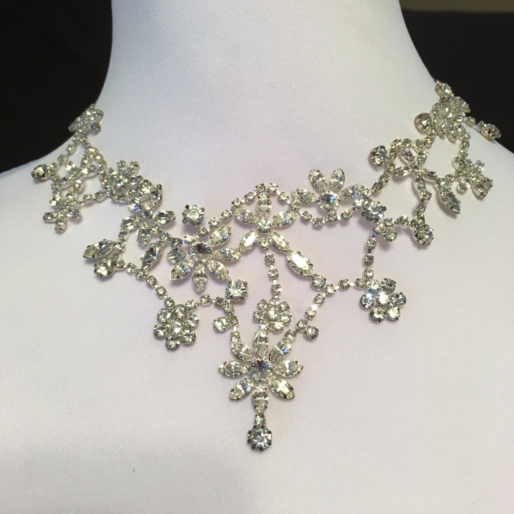 Crystal Rhinestone Bridal Floral Necklace & Earrings Set